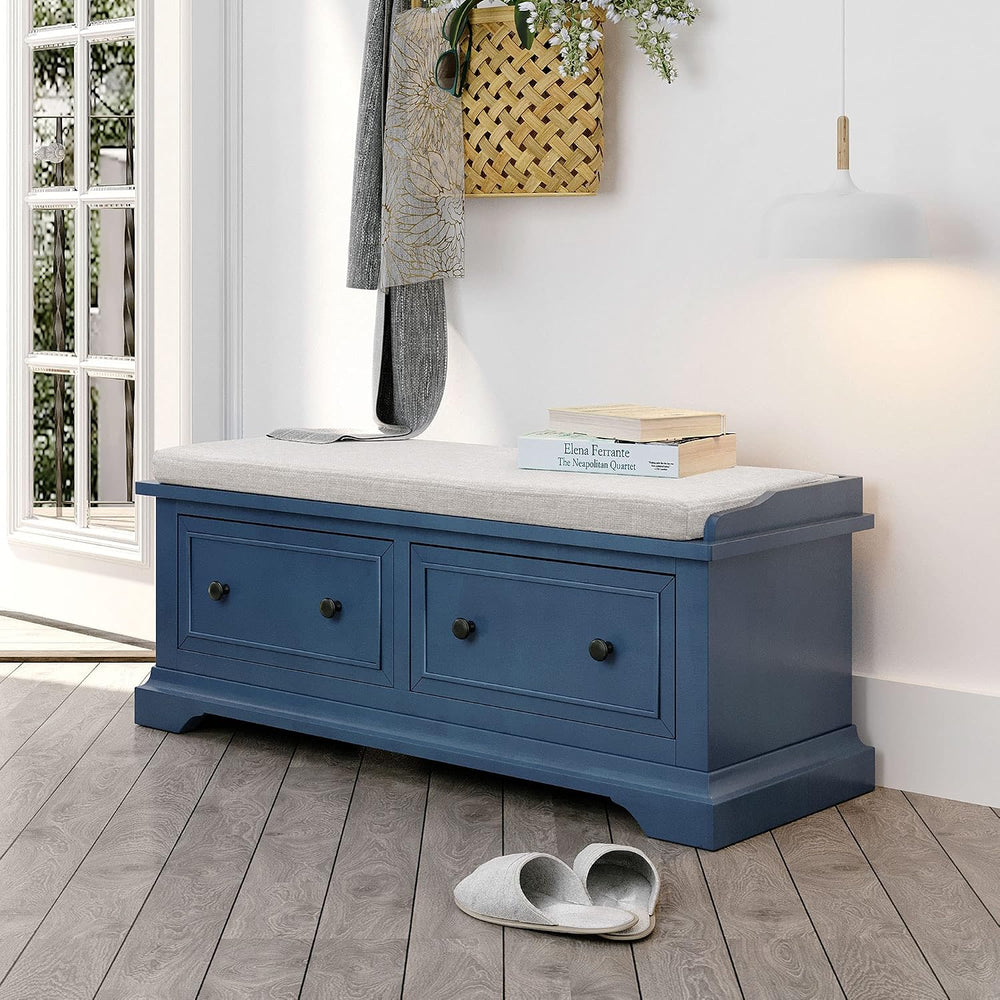 Storage Bench,Solid Wood Shoe Bench with Two Large Drawers and Removable Cush...