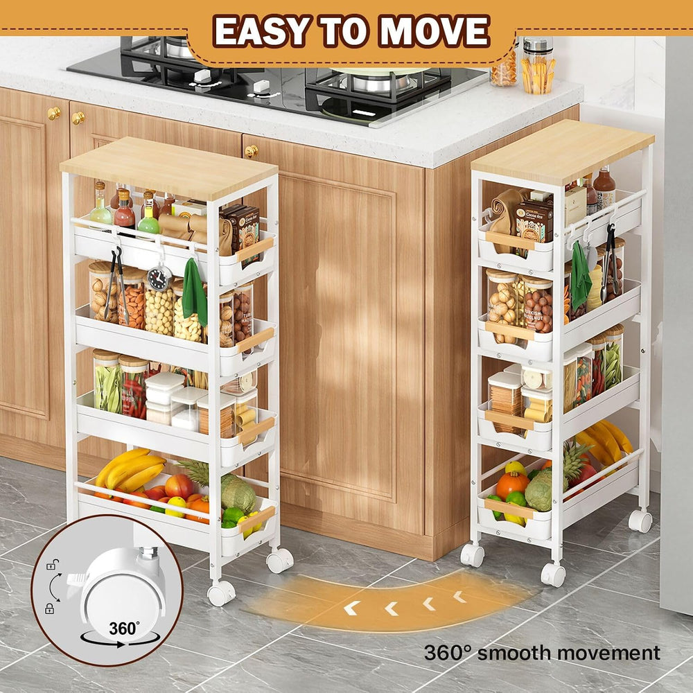SUNALLY Slim Storage Cart with Wheels, Narrow Kitchen Rolling Cart, White