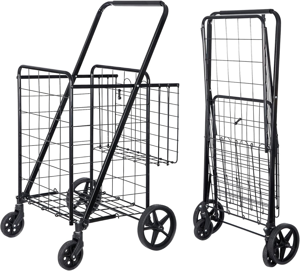 SUPER DEAL Folding Shopping Cart with Wheels and Double Basket for Groceries ...