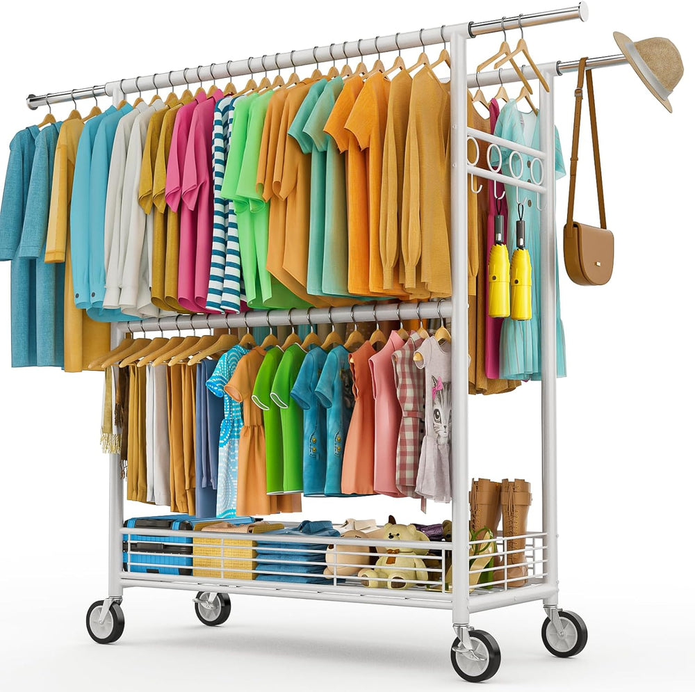 Heavy Duty Clothes Rack Load 960LBS, Three Rods Rolling Clothing Racks for Ha...
