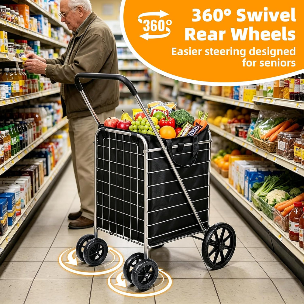 Folding Shopping Cart with Large Front Wheels, Grocery Cart with Waterproof L...
