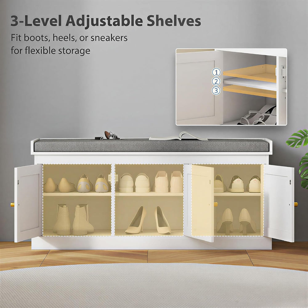 HOMCOM Shoe Bench Storage Rattan Doors 13.8 x 41.3 x 18.5 Inches White