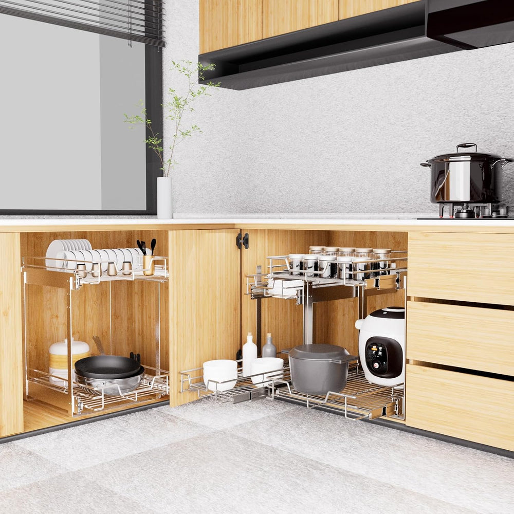 EZKAZA Pull Out Cabinet Organizer 9.5" W x 21" D, 2-Tier Kitchen Ca...