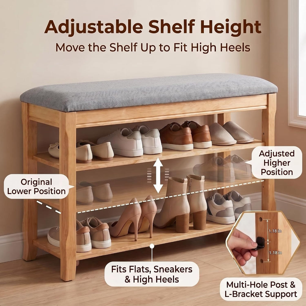 Solid Wood Shoe Bench, 31.5” Shoe Rack for Entryway Storage