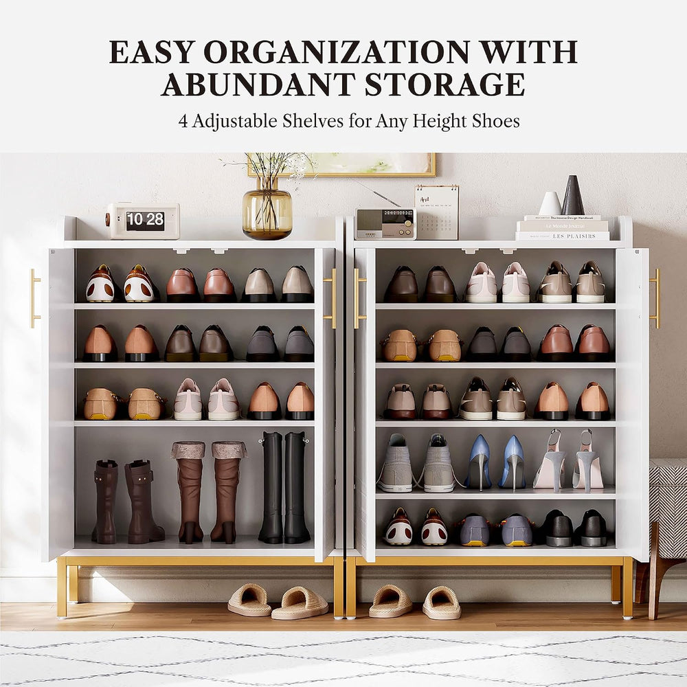 5-Tier Shoe Cabinet with Carved Lines Doors, Large Wooden Shoe Storage Cabine...