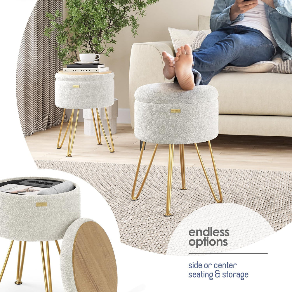 Round Ottoman with Storage, Boucle Storage Ottoman, Foot Stool Ottomans, Make...