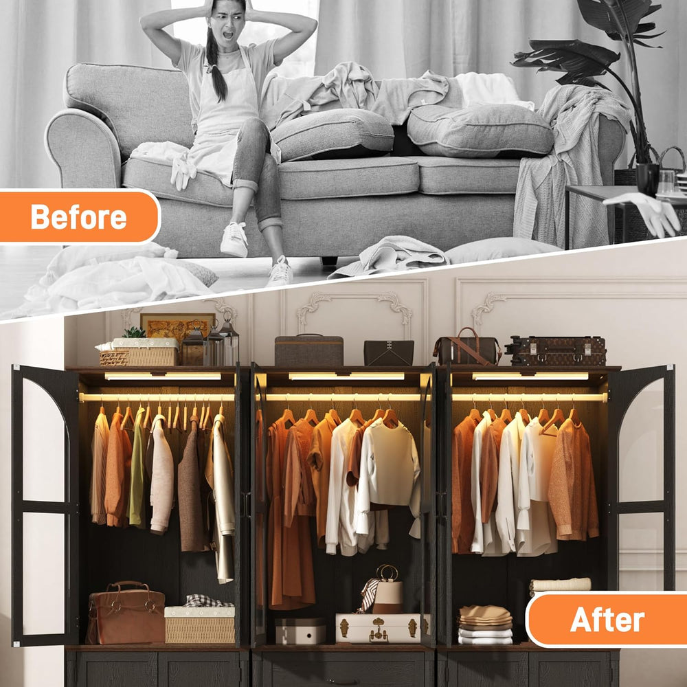 Tall Farmhouse 6 Doors Armoire Wardrobe Closet with LED ,72" Freestandin...