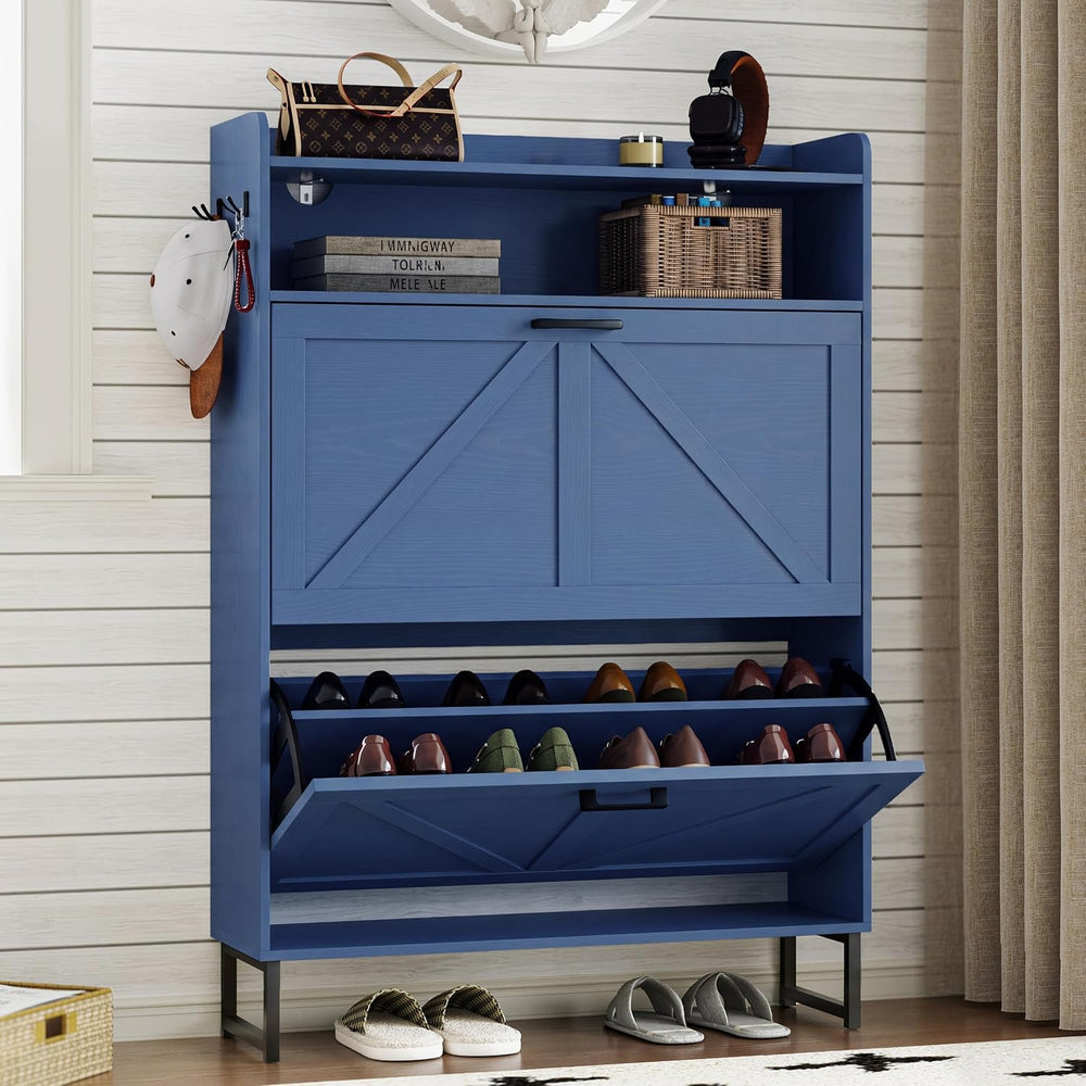 BORNOON Shoe Cabinet with 2 Flip Drawers Narrow Shoe Storage Cabinet Organize...