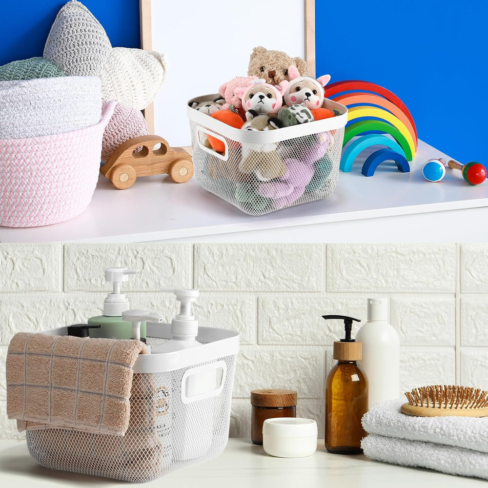 MorningRo 4 Pack Metal Mesh Basket with Hollow Handles White Wire Storage Bin...