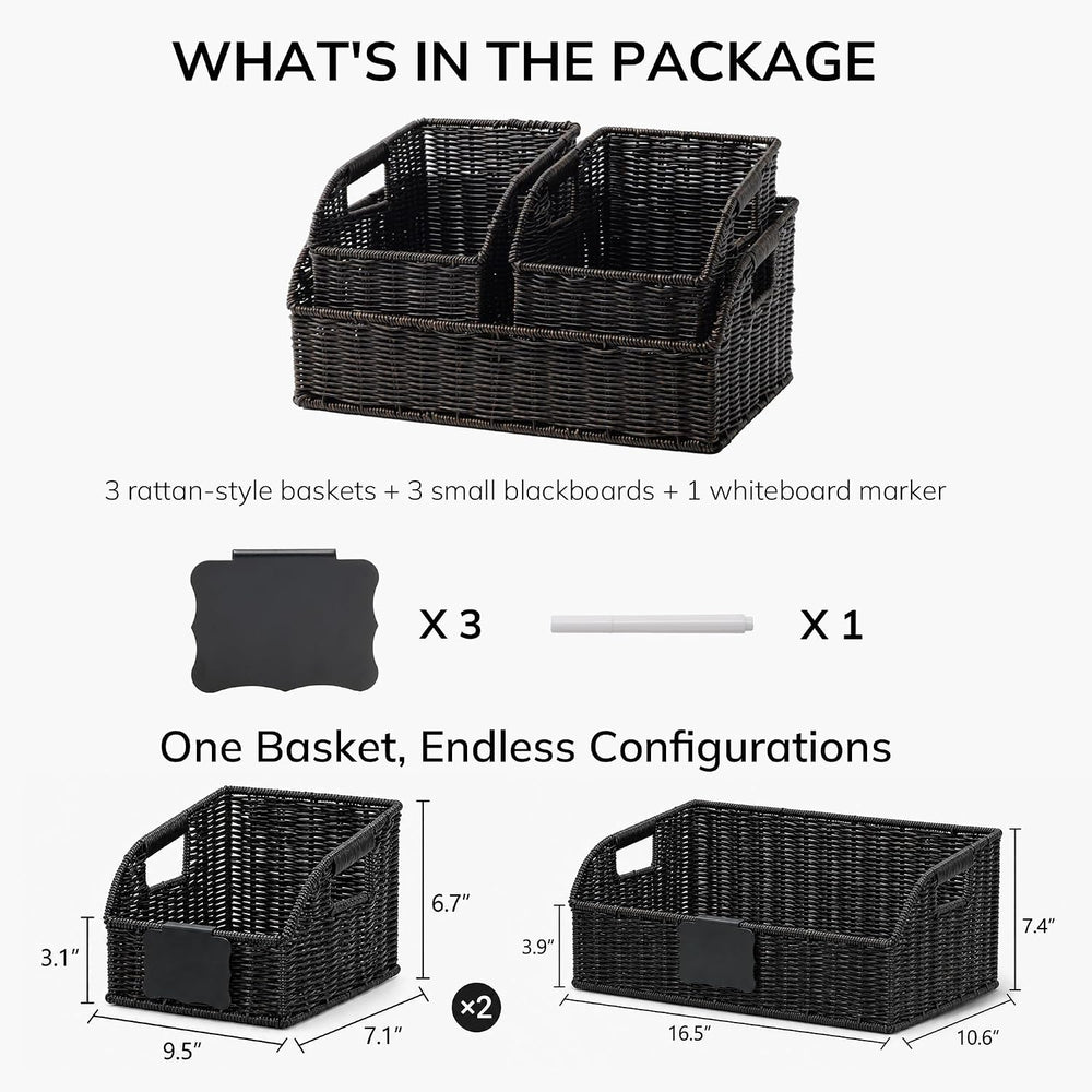 Brownlily Faux Wicker Pantry Storage Baskets, Black-Single Set (3-Piece)