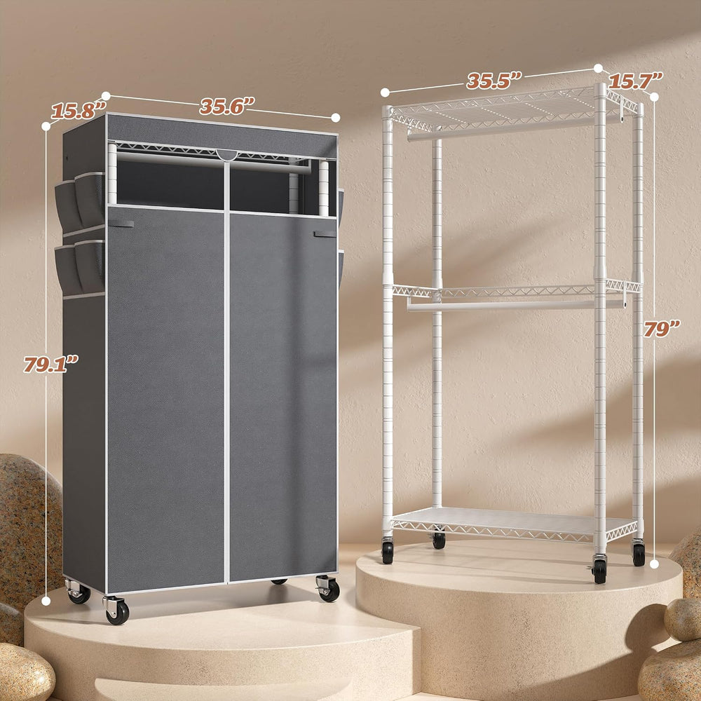 Raybee Clothes Rack with Cover, Rolling Portable Closet, 2 Rods & 2 shelves