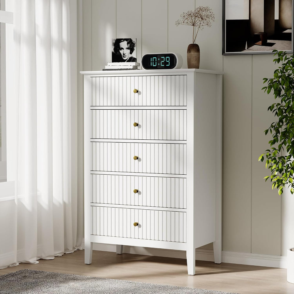 RoyalCraft White Fluted 5 Drawer Dresser for Bedroom, Tall Chest of Drawers, ...