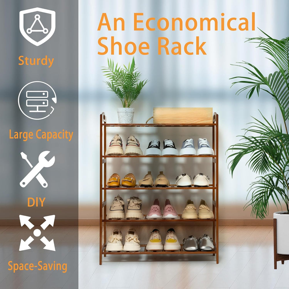 5 Tier Bamboo Shoe Rack, Free Standing Shoes Rack Shoe Shelf Shoe Organizer f...