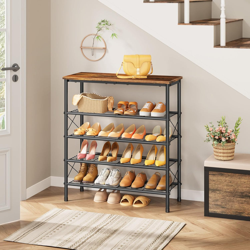 Tajsoon 5 Tier Shoe Rack for 16-20 Pairs of Shoes, Rustic Brown & Black