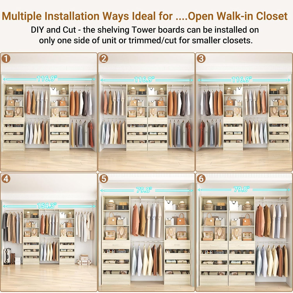 Aheaplus Closet System, Wood Closet Organizer System with 8 Drawers &4 Rods