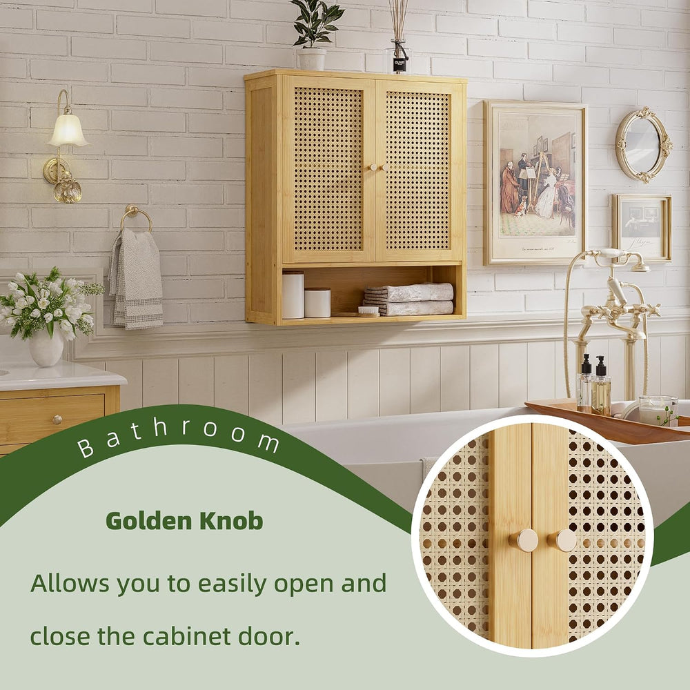 Bathroom Wall Cabinet, Bamboo Over-The-Toilet Storage Organizer with 2 Rattan...