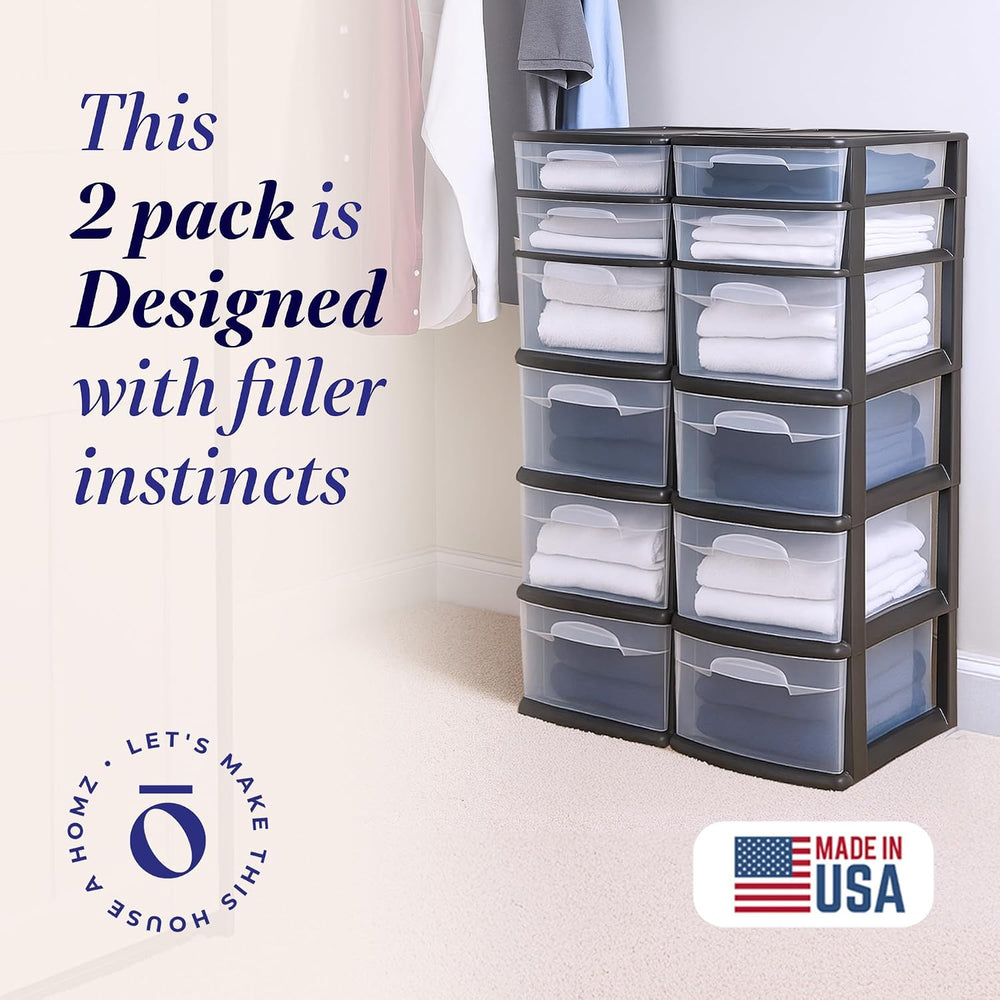 HOMZ 6 Drawer Storage Cart, Large Plastic Container, Black Frame, 2 Pack