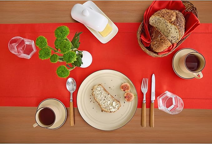 Solino Home Table Runner 90 Inches Long - Cotton Linen Hemstitch Poppy Red Ta...