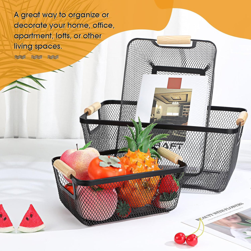 Maxcheck 6 Pack 3 Size Metal Wire Baskets with Wood Handles, Black