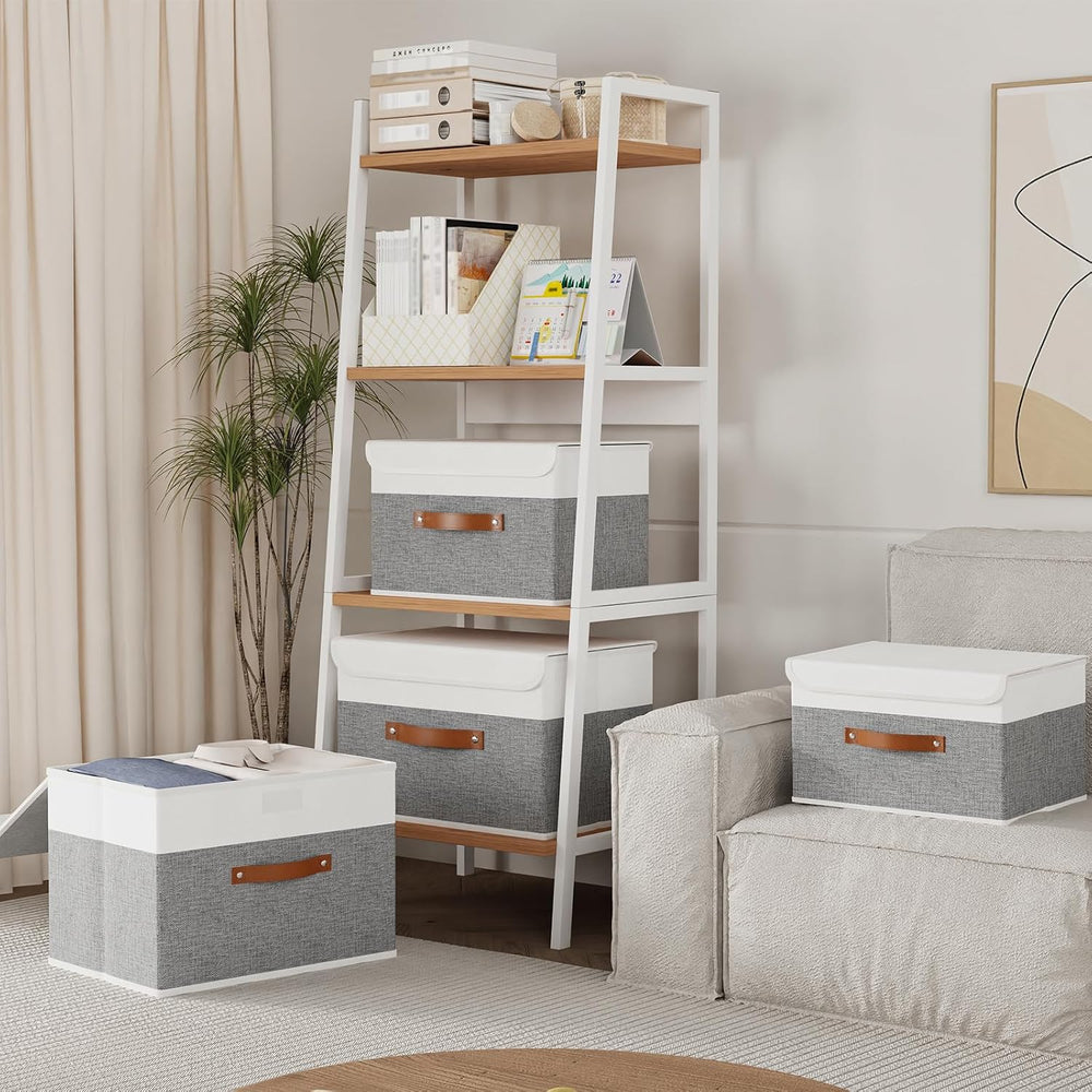 Yawinhe Fabric Storage Boxes with Lids,White/Grey,15.0x9.8x9.8in,5-Pack