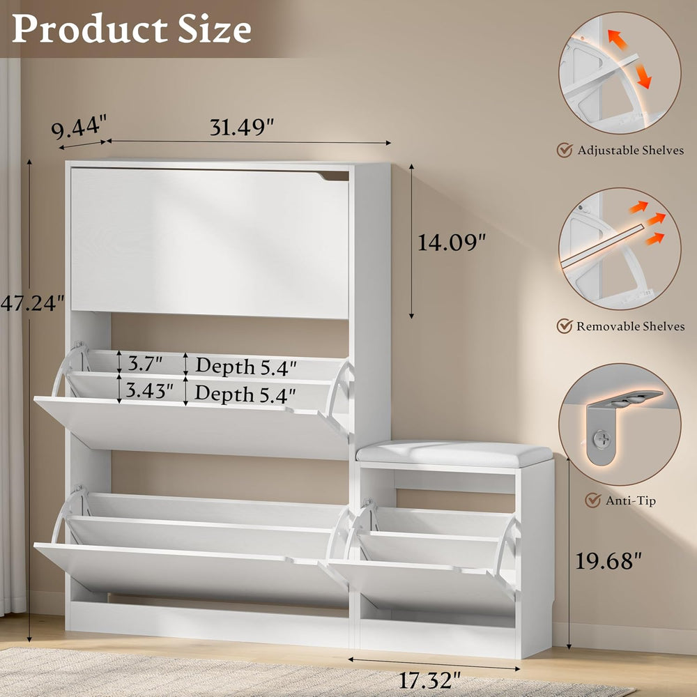 BORNOON Shoe Cabinet with Bench and 3 Flip Drawers, Slim Narrow Shoe Storage ...