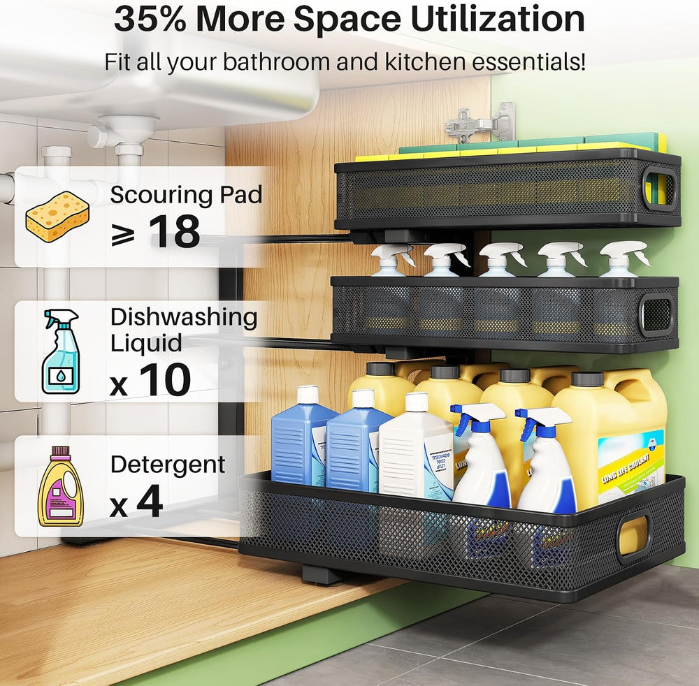 Kitstorack Under Sink Organizer, 2-Pack 3-Tier Height Adjustable Thickened Me...