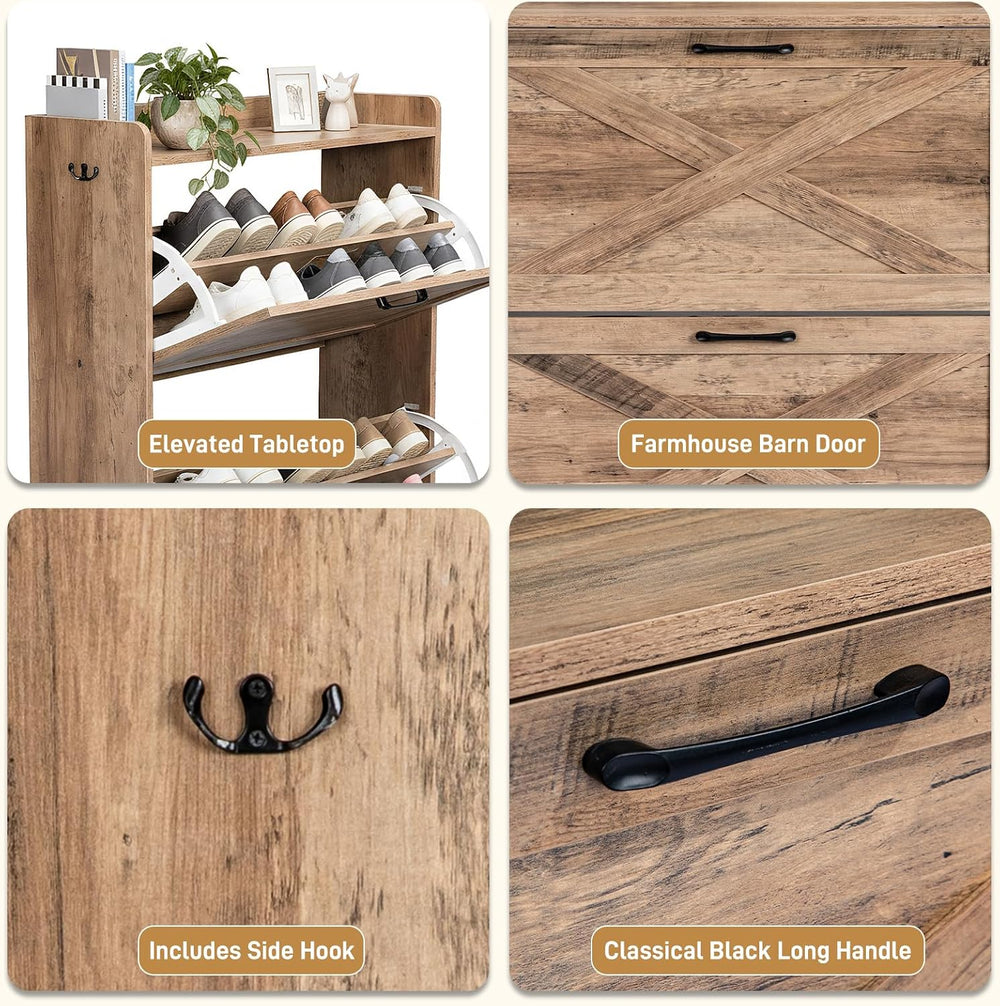 Karl home Grey Farmhouse Shoe Cabinet, Cushioned Entryway Bench Organizer