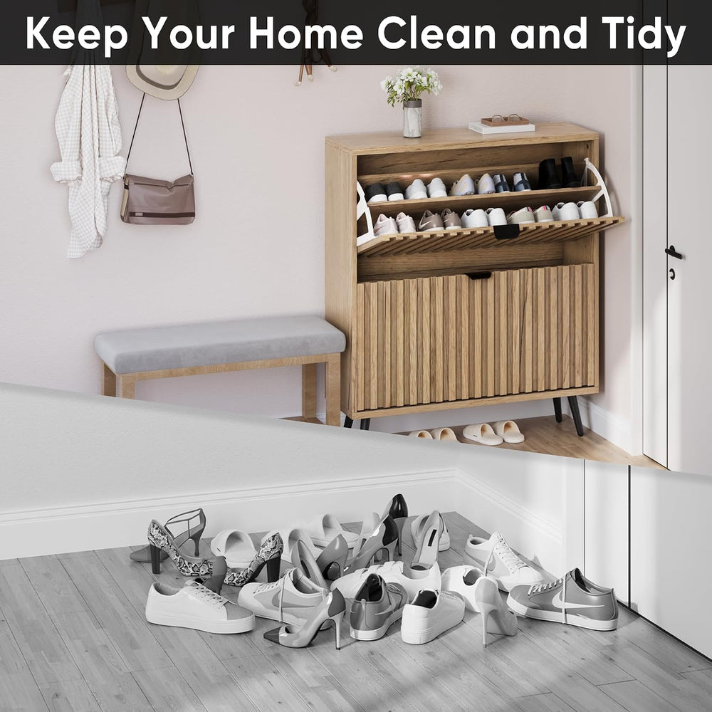 Smuxee Shoe Cabinet with 2 Flip Drawers, 31.5" Natural Hidden Shoe Stora...