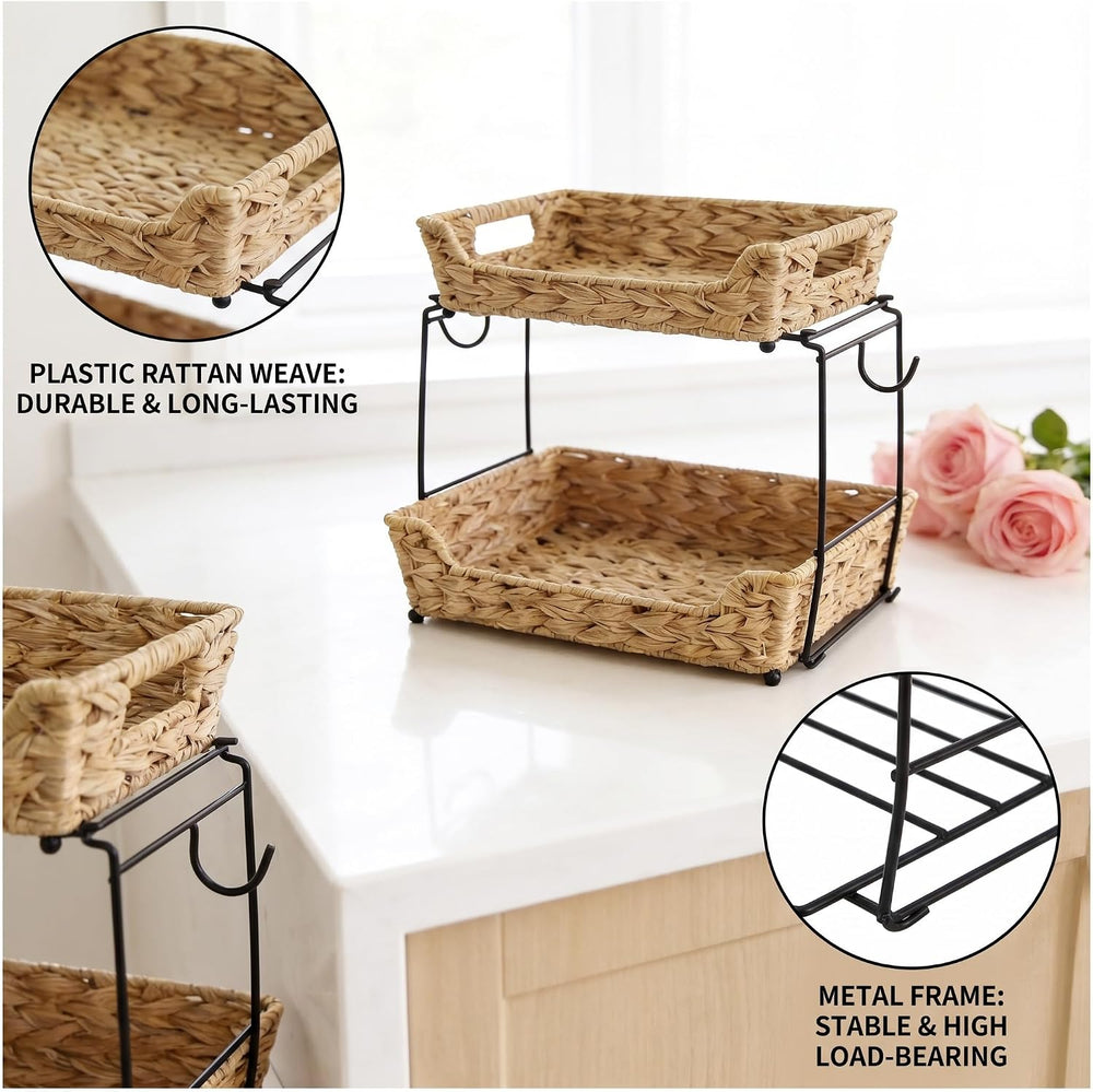 2-Tier Round Faux Rattan Wicker Storage Basket with Metal Frame, Countertop O...