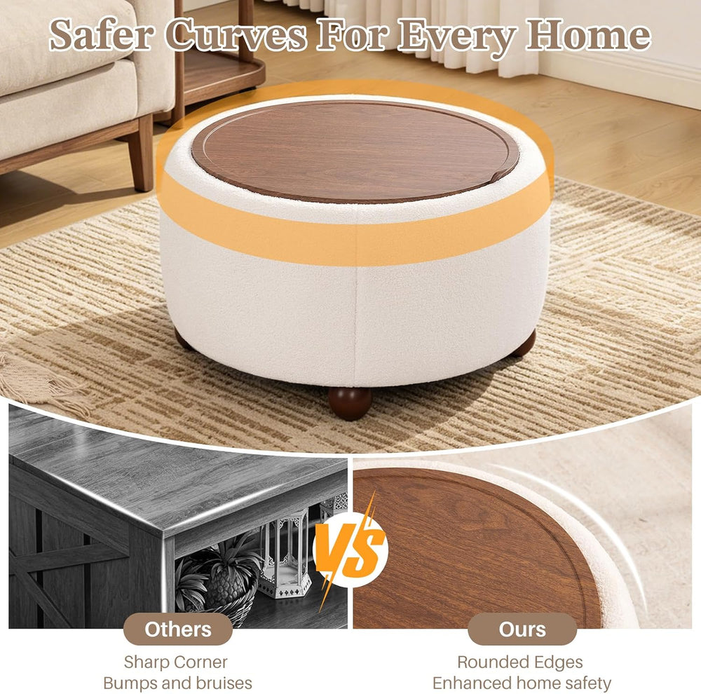 Round Storage Ottoman Coffee Table with Removable Top & Solid Wood Legs
