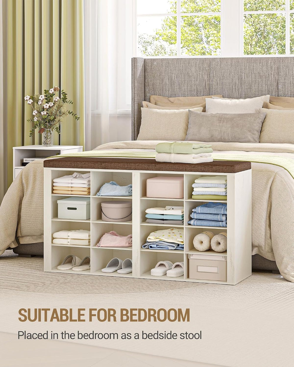Hzuaneri Shoe Storage Bench with Cushion, Entryway 16-Cubby Shoe Rack
