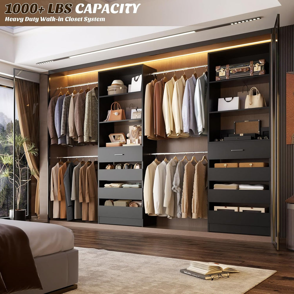 Aheaplus Closet System, 4-9Ft Closet Organizer with 4 Wooden Drawers, Black