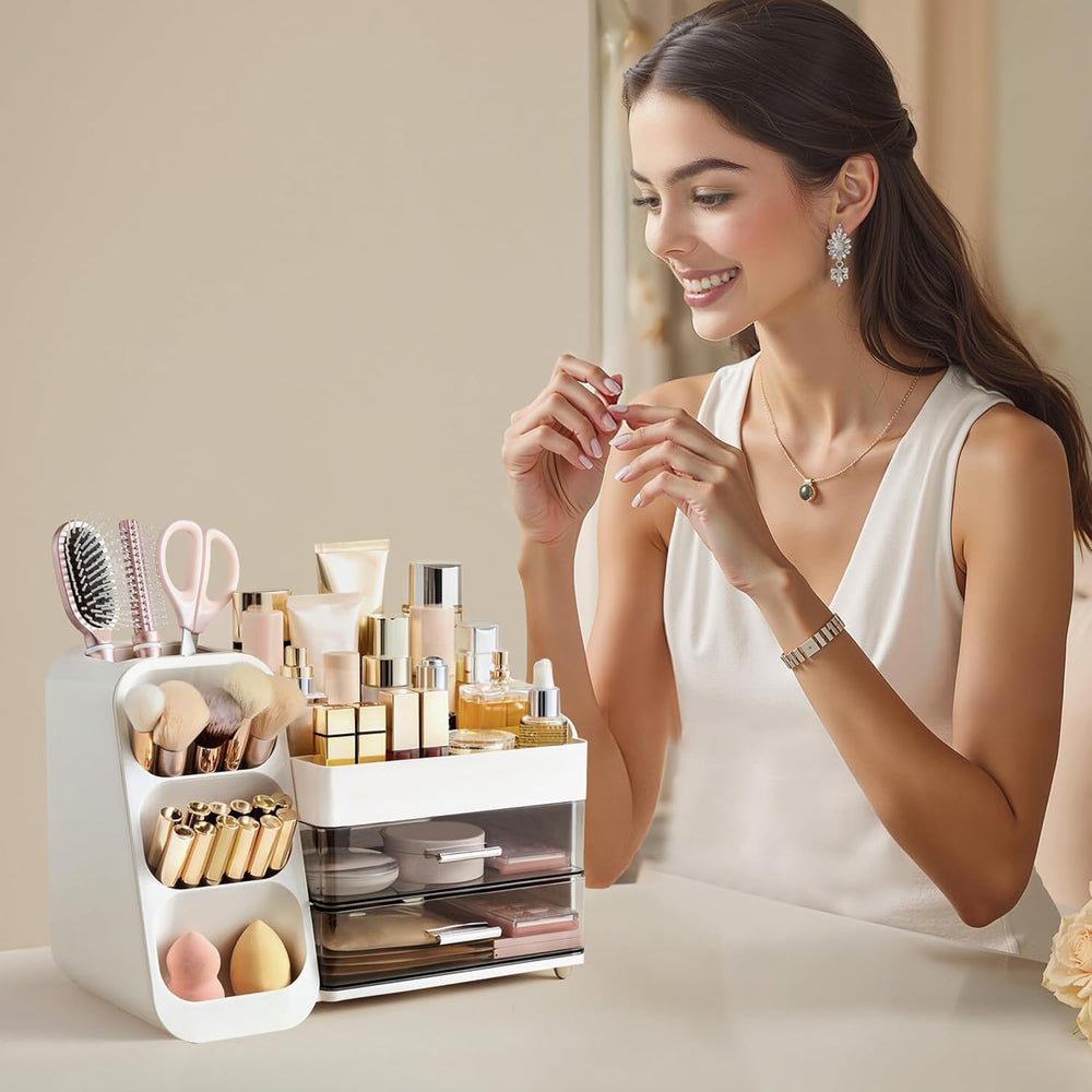 HBlife Makeup Organizer with Brush Holder for Vanity, Large Plastic Bathroom ...