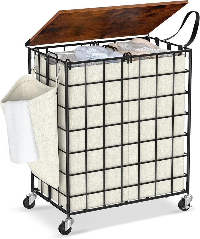 Laundry Basket with Wheels, Heavy Duty Laundry Sorter 2 Sections, 120L (32Gal.) Large Capacity Laundry Hamper with Wood Lid, 360 Rolling Wheels, Extra Side Pocket, Leather Pull Handle, Beige