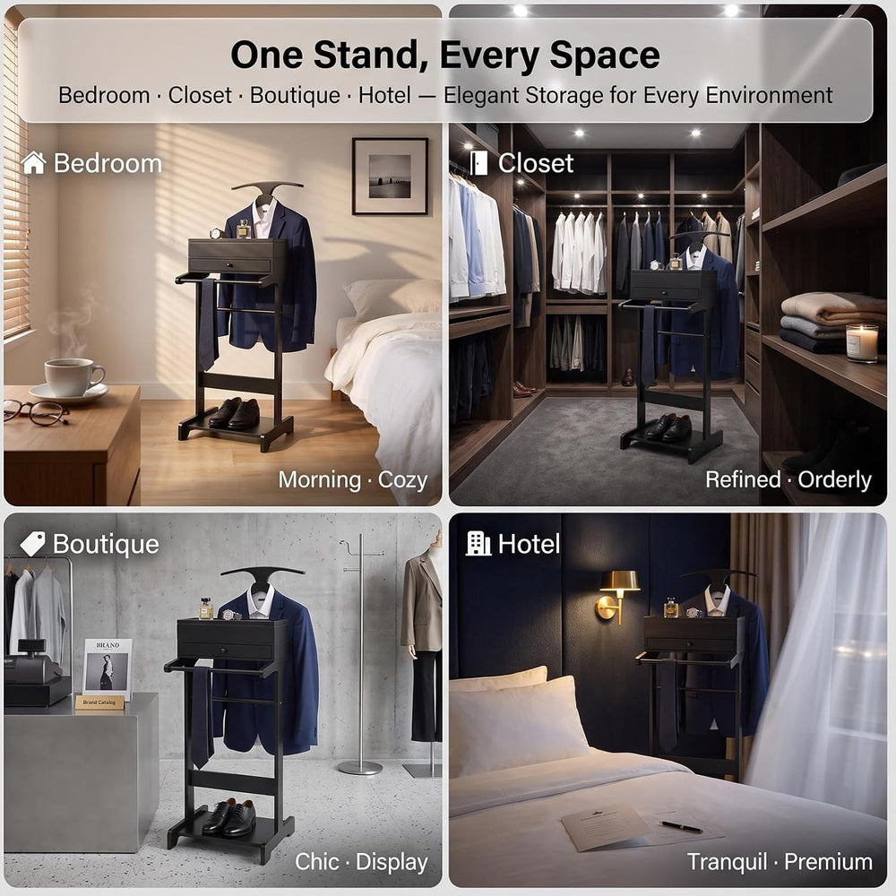 Suit Valet Stand | Knight Valet Sand with Tie Bar | Wood Valet Stand with Bas...