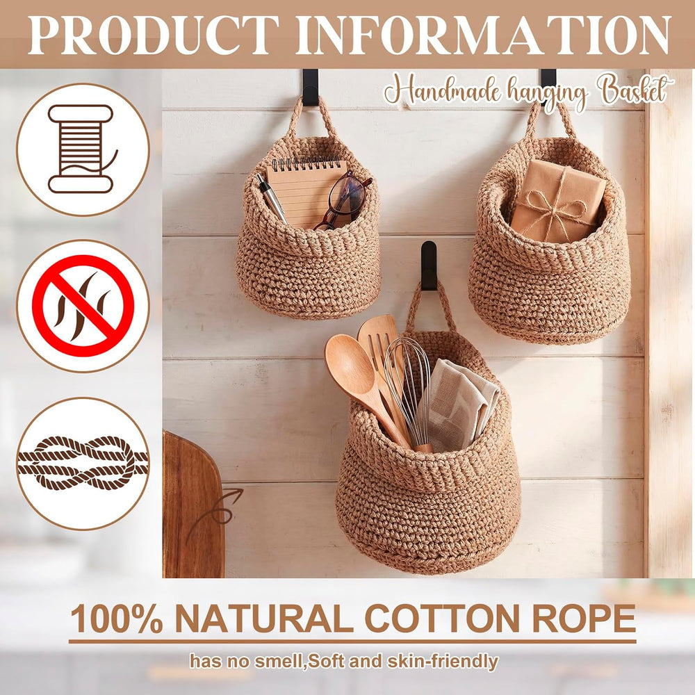 Honeydak 3 Hanging Baskets, Light Brown, Wide Bucket Basket