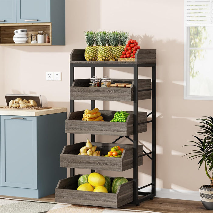 Tribesigns Wood Fruit and Vegetable Storage Rack, 5-Tier Pull-Out Snack Stand Fruit Basket Stand, Utility Shelf Organizer for Kitchen, Living Room, Bedroom, Gray