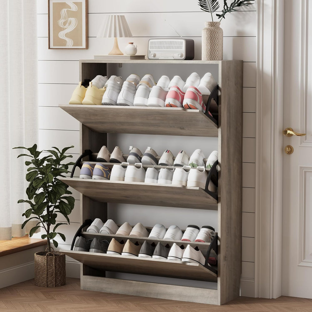 Xixini Shoe Storage Cabinet for Entryway with 3 Flip Drawers, Sturdy Wood Hid...