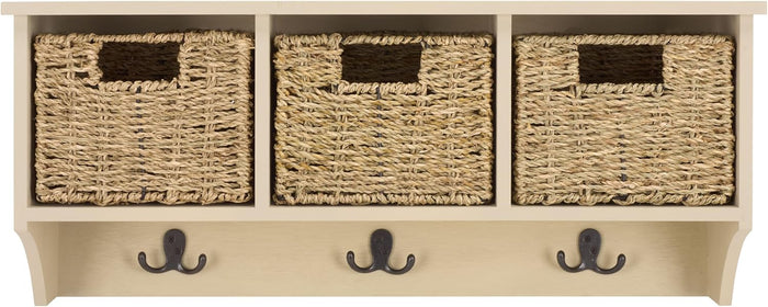 SAFAVIEH Home Collection - Finley Sand Wall Mounted 3-Basket Storage Rack with Hooks & Seagrass Baskets (HAC5700E)