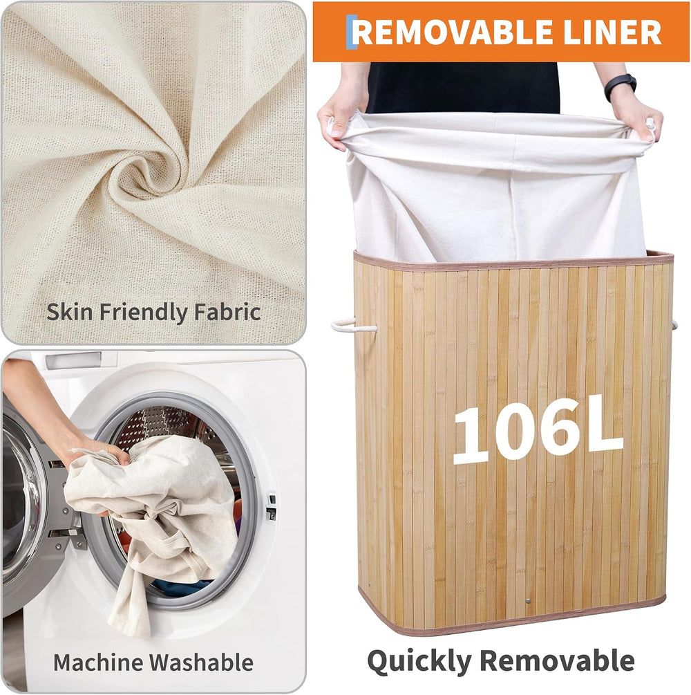 Slim Bamboo Laundry Hamper with Lid, 106L Large Collapsible Wooden Clothes Ba...
