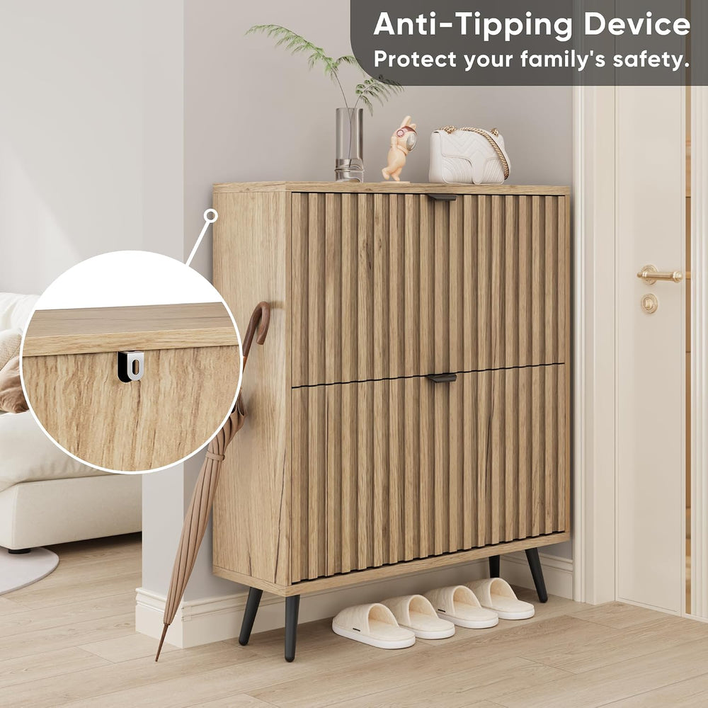 Smuxee Shoe Cabinet with 2 Flip Drawers, 31.5" Natural Hidden Shoe Stora...