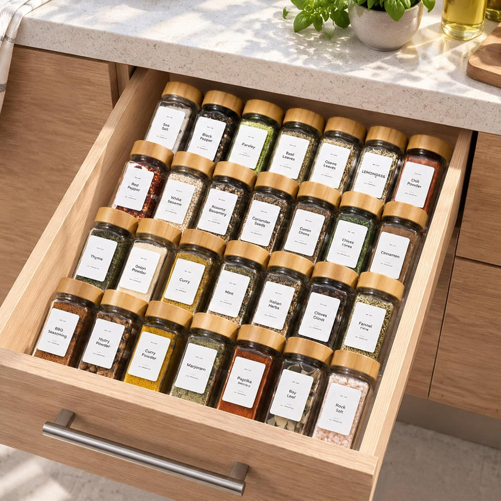 Acrylic Spice Drawer Organizer with 28 Spice Jars and 216 Labels,Non-slip Rub...