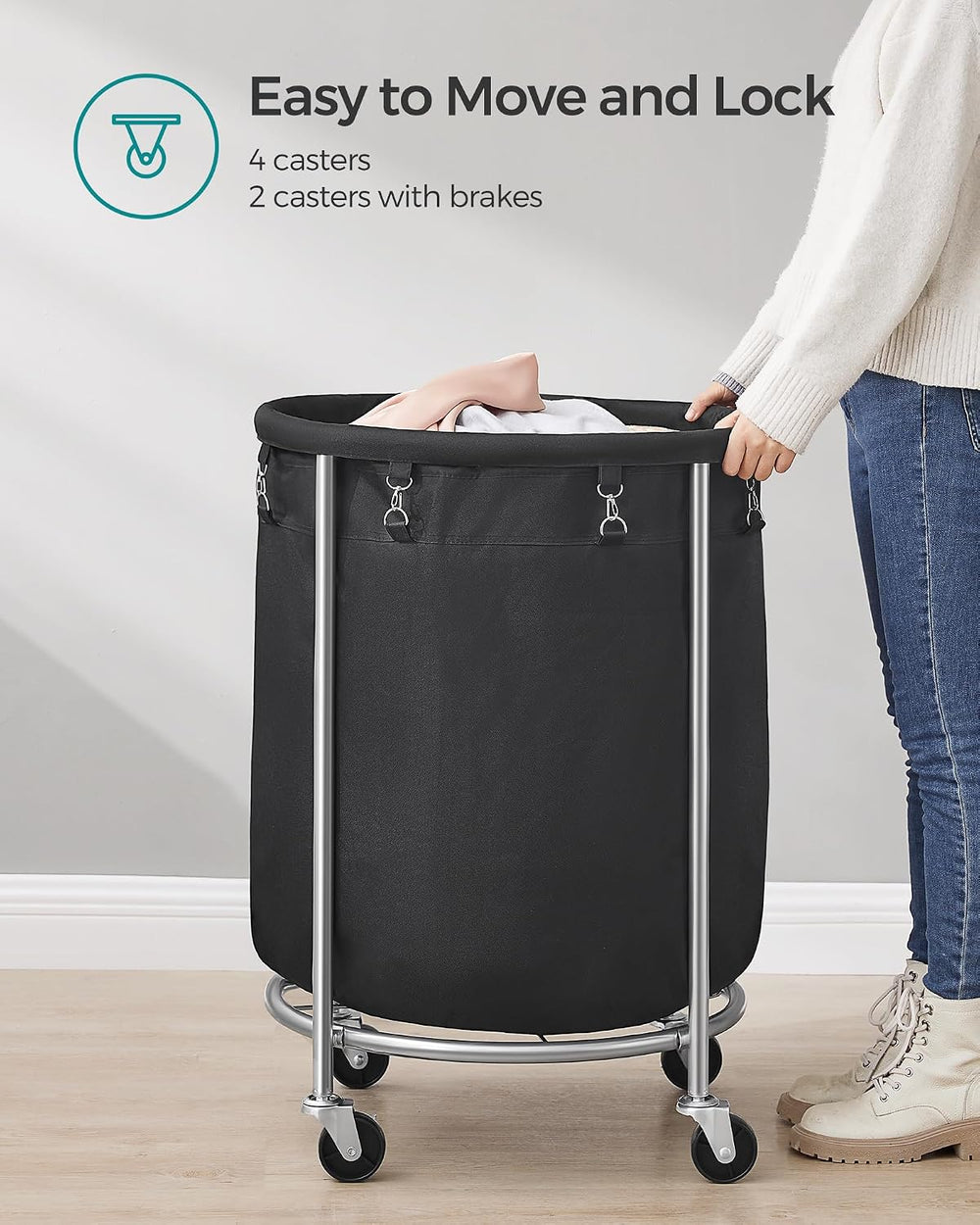 SONGMICS Laundry Basket with Wheels,190L, Steel Frame, Removable Bag