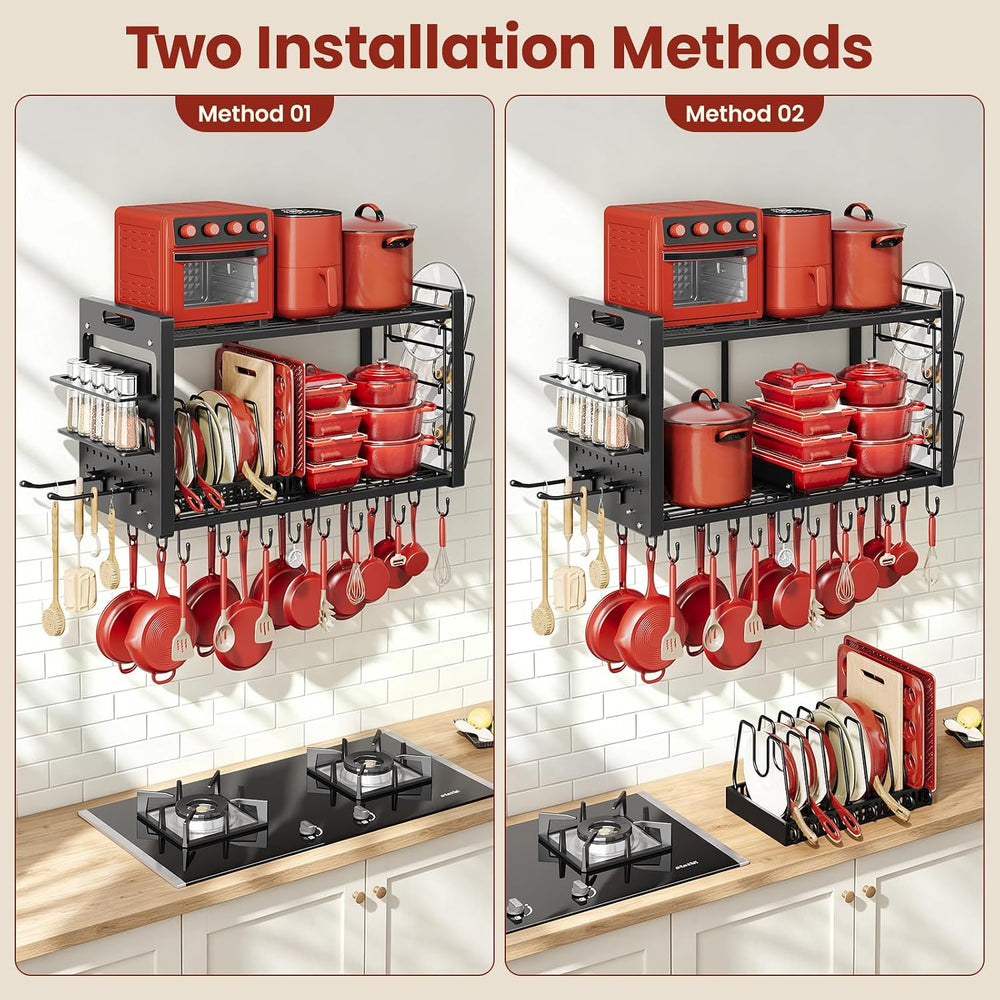 Pot Rack Wall Mount,4 in 1 Hanging Heavy Duty Metal Pan Shelf Organizer with ...
