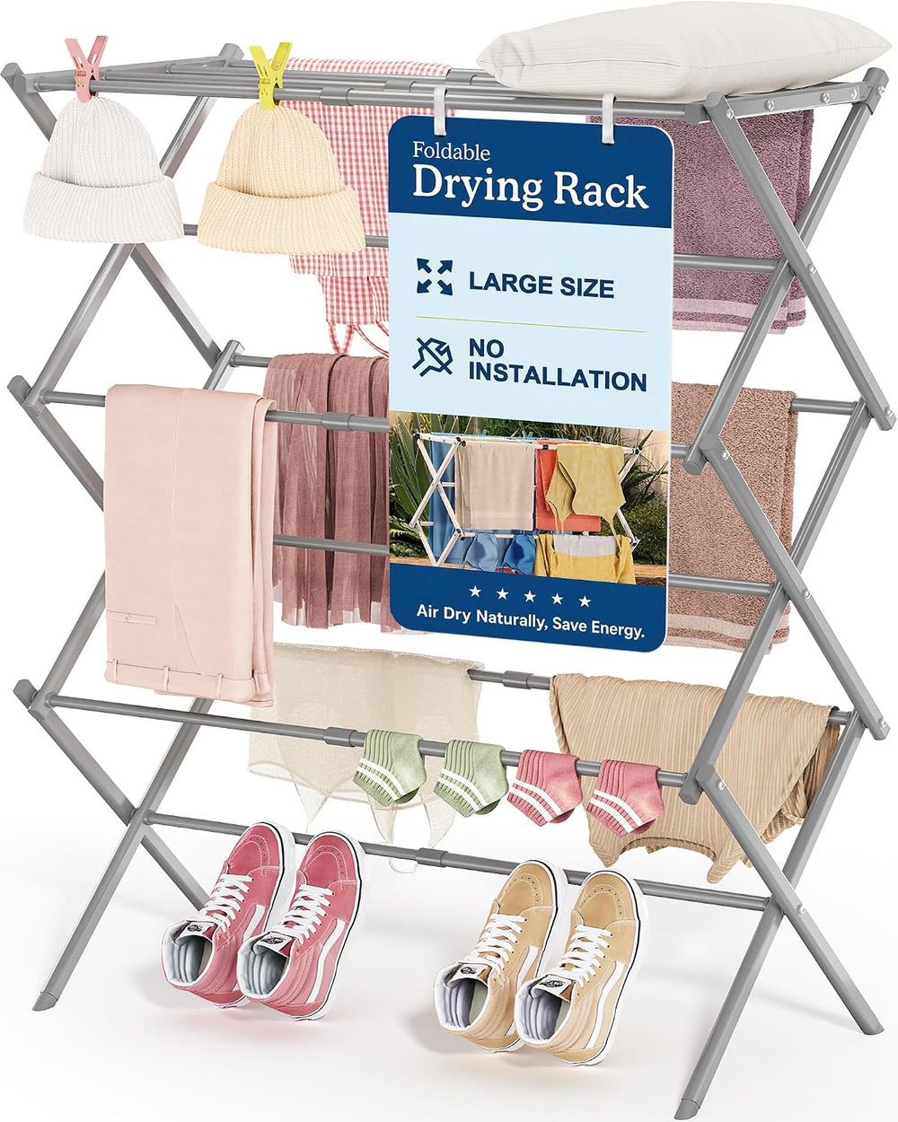 APEXCHASER Oversize 3-Tier Clothes Drying Rack, No Install, Grey