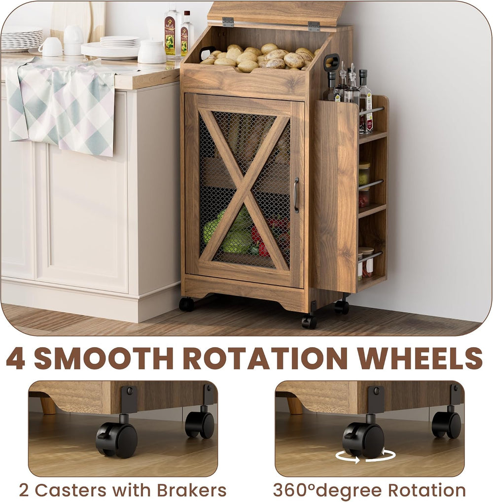 Potato and Onion Storage Bin, Movable Fruit and Vegetable Bin with Spice Rack...