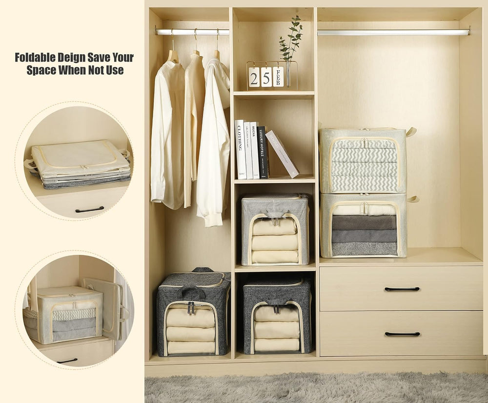 3 Openings Clothes Storage Bins with Metal Frame, Foldable Storage Bin for Cl...