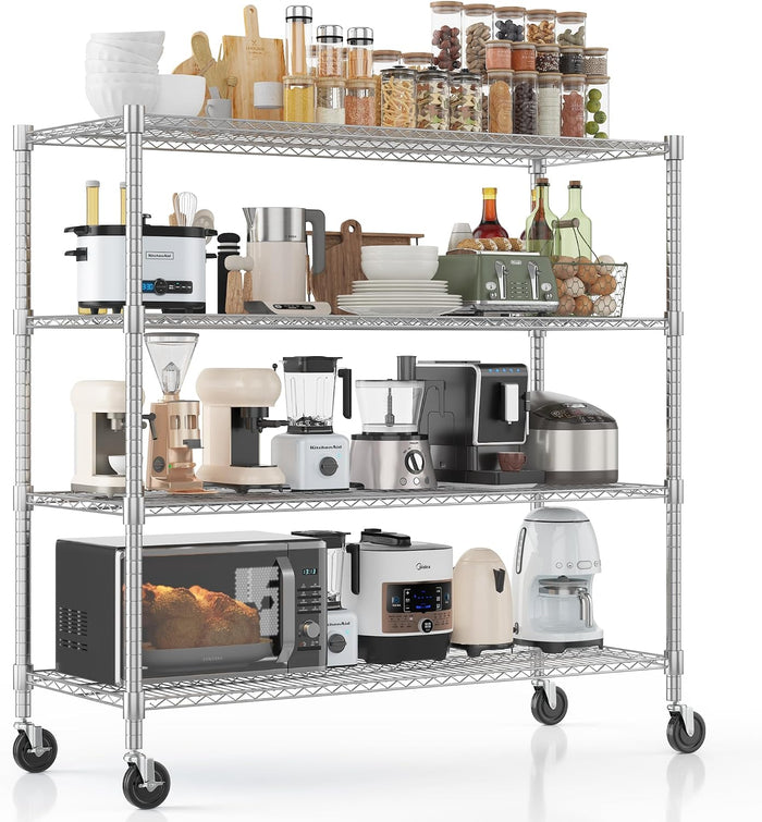 Homdox Heavy Duty Metal Shelves for Storage, 4 Tier Storage Racks and Shelving, Commercial Adjustable Wire Shelving Unit on Wheels, Garage Rack Pantry Shelves Kitchen Shelving, 18"x48"x72", Chrome