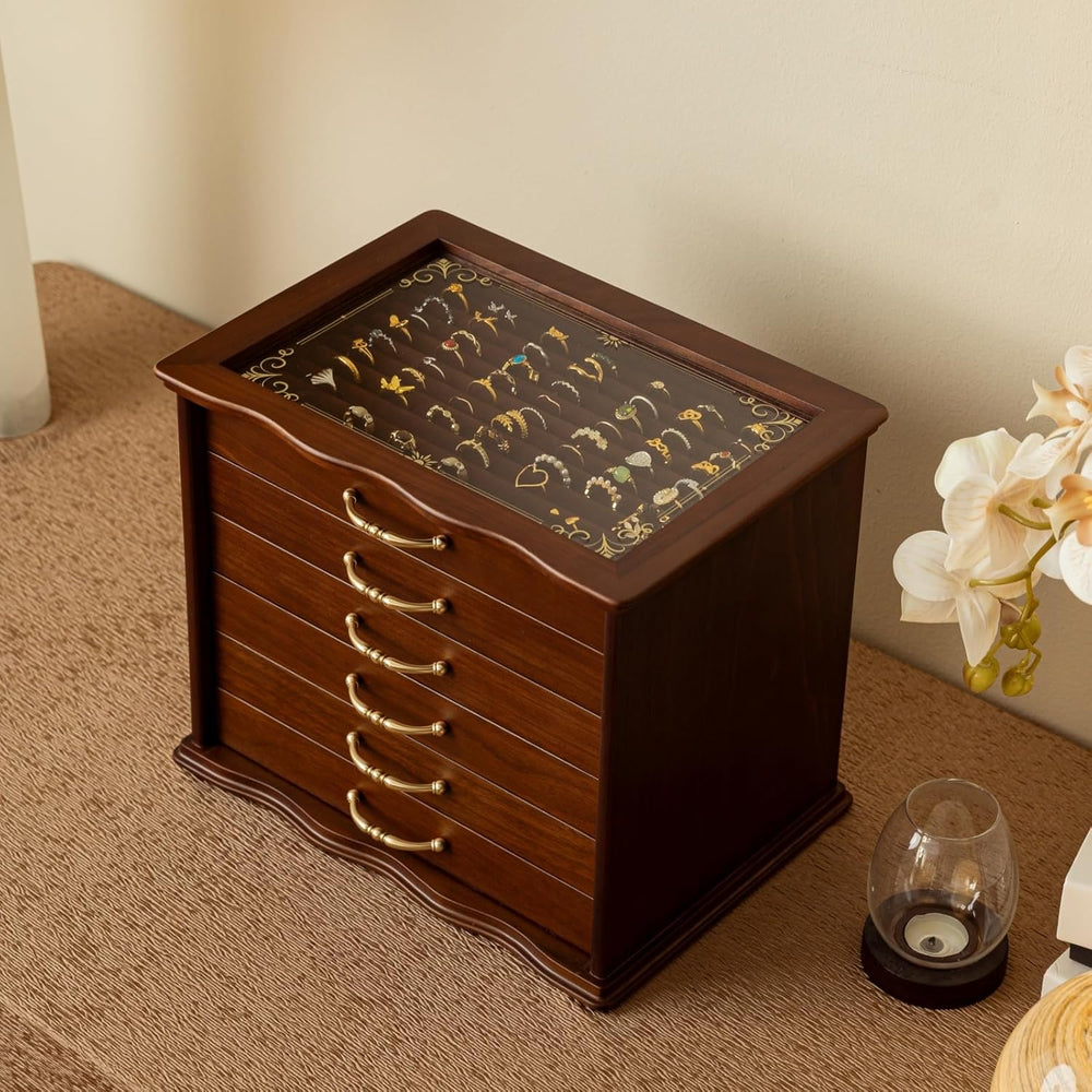 KINTNESS Black Walnut Wooden Jewelry Box - 6 Drawers Solid Wood Large Jewelry...