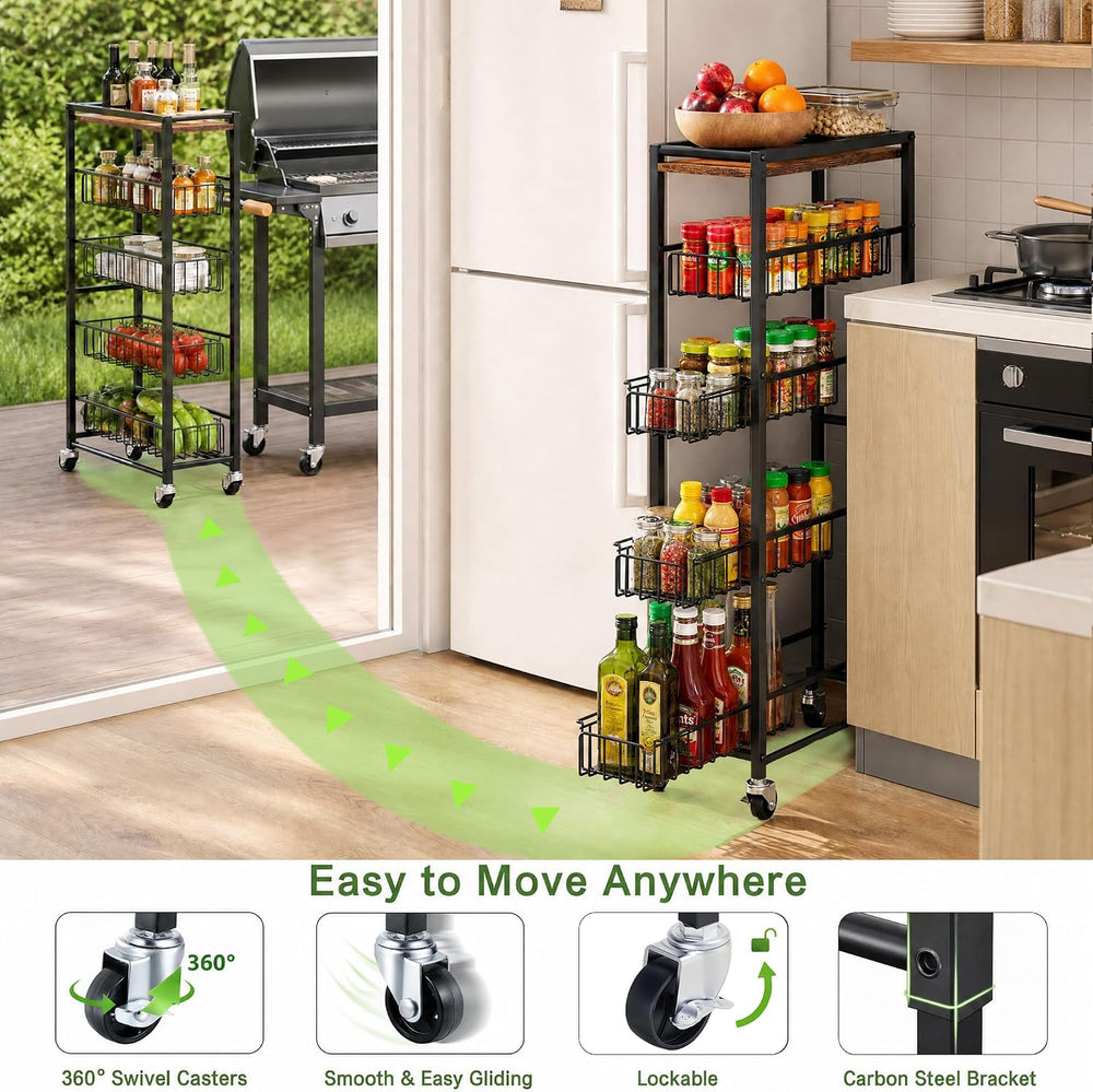 5-Tier Slim Rolling Cart Kitchen Utility Cart, Narrow Kitchen Cabinet with 4 ...